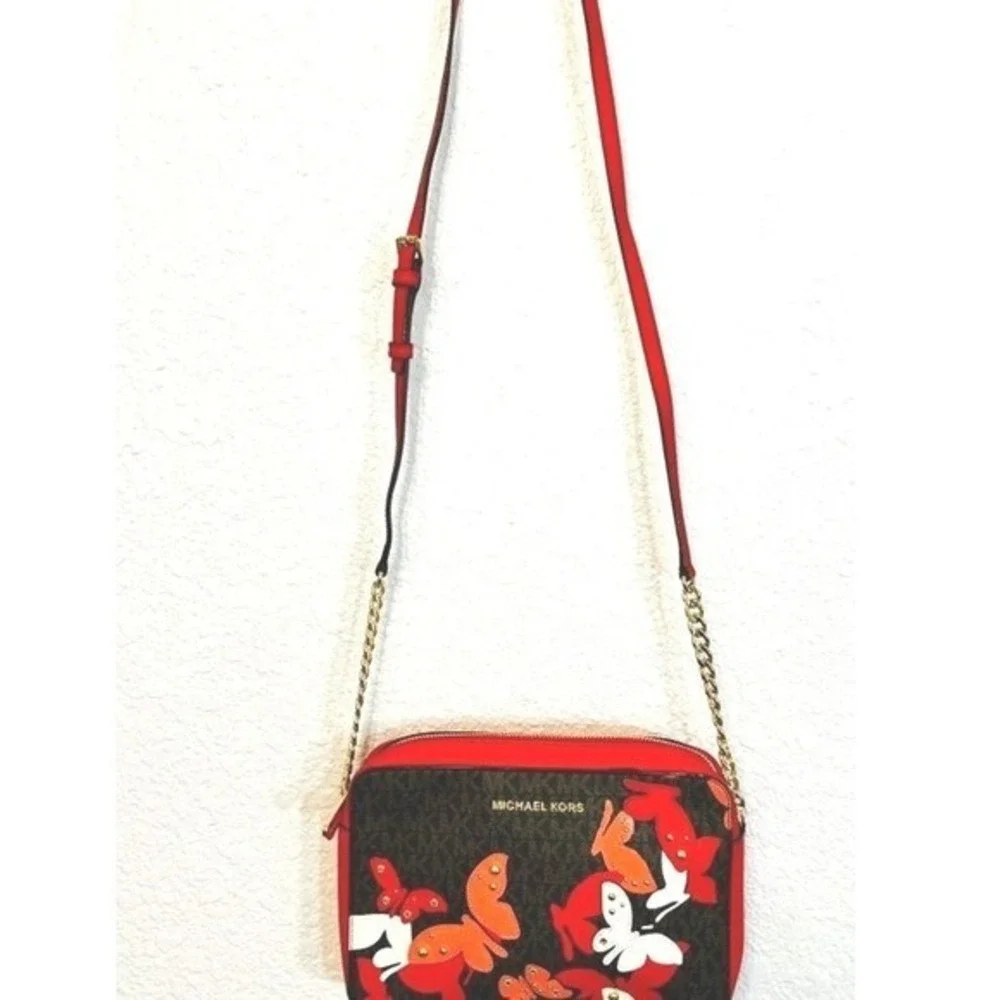 Michael Kors Med Red Leather Jet Set Crossbody Bag Butterfly Embellished Purse - Picture 3 of 11